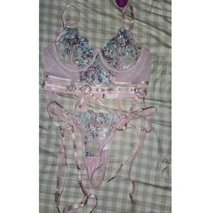 Avidlove Pink Floral Embroidered Lingerie Set Bra Garter Thong Size L